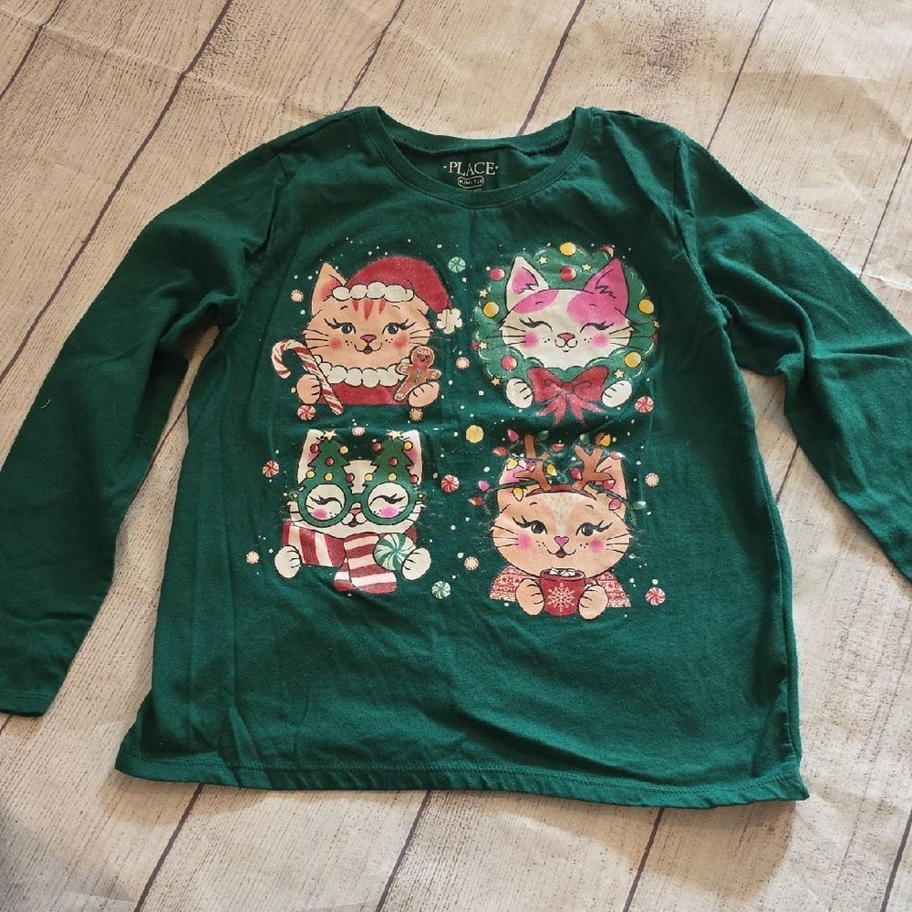 Place Green Long Sleeve Shirt with Cat Graphics